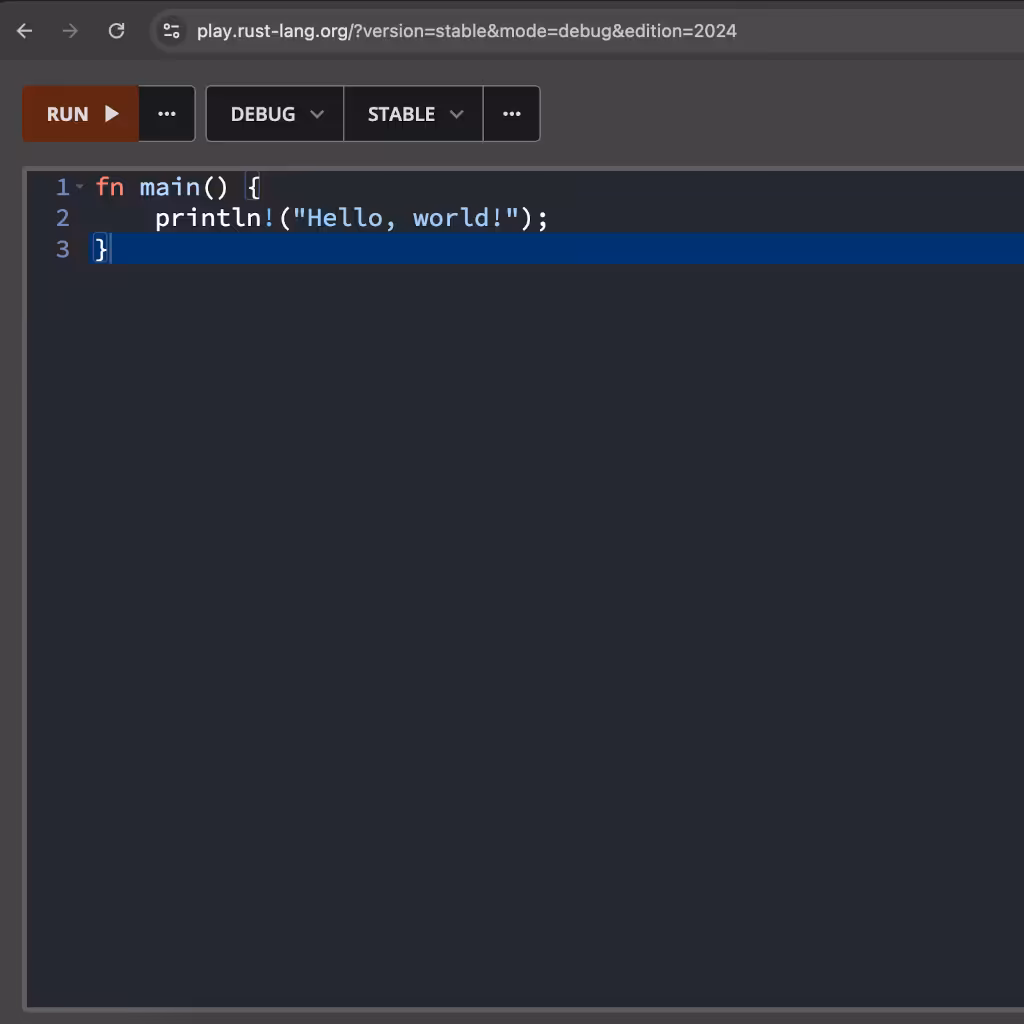 Rust playground online compiler screenshot