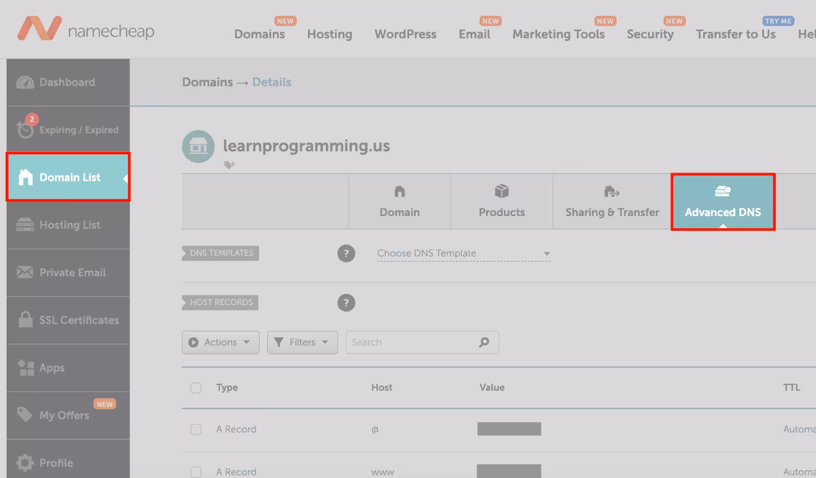 Screenshot showing how to find the DNS configuration for Namecheap
