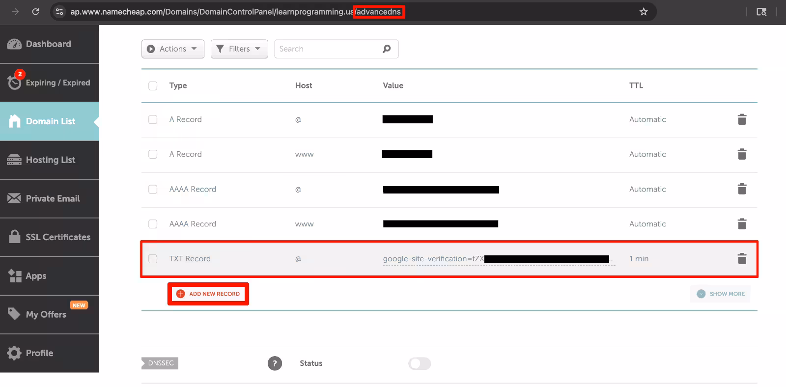 Namecheap DNS configuration example