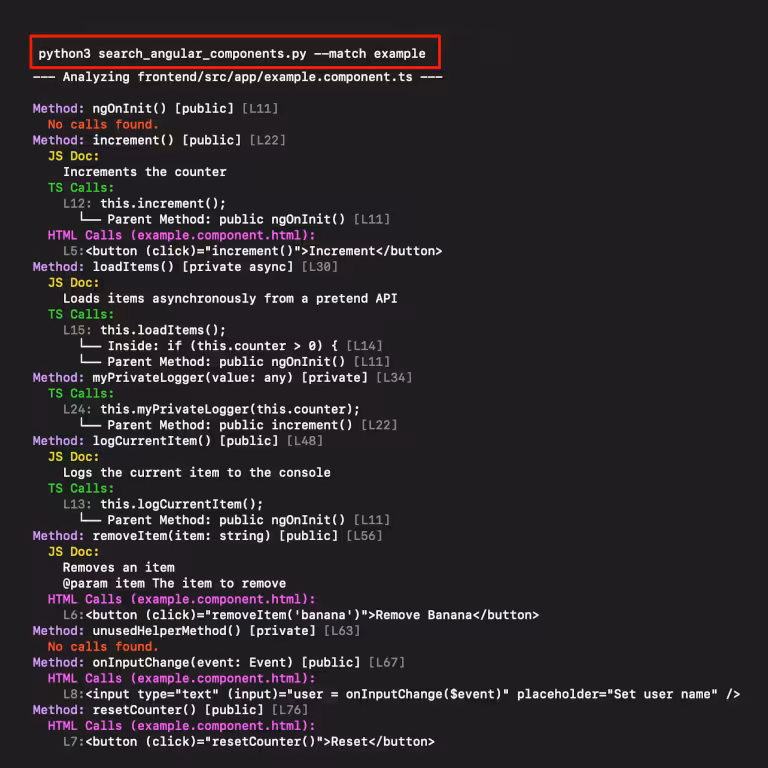 Terminal screenshot of the Angular component results from Python search_angular_components.py script